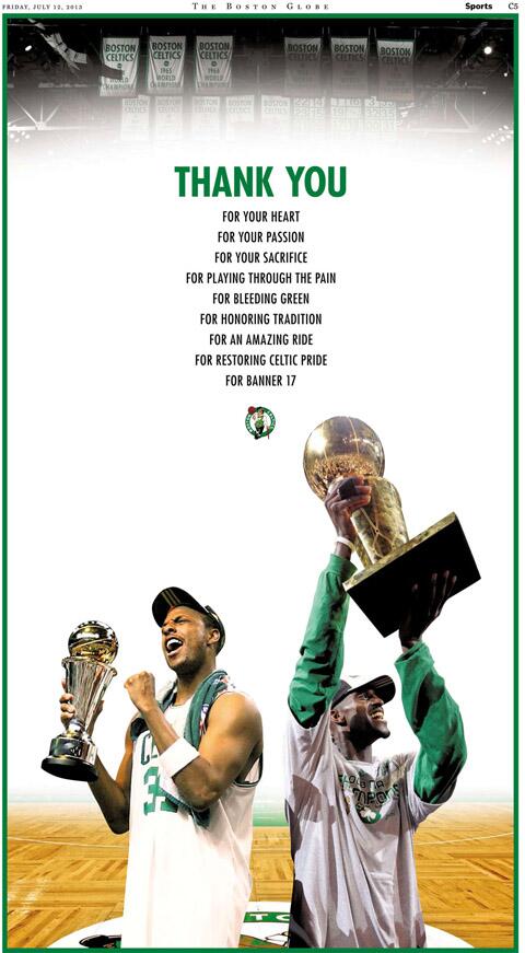 Celtics full page ad for Pierce and Garnett